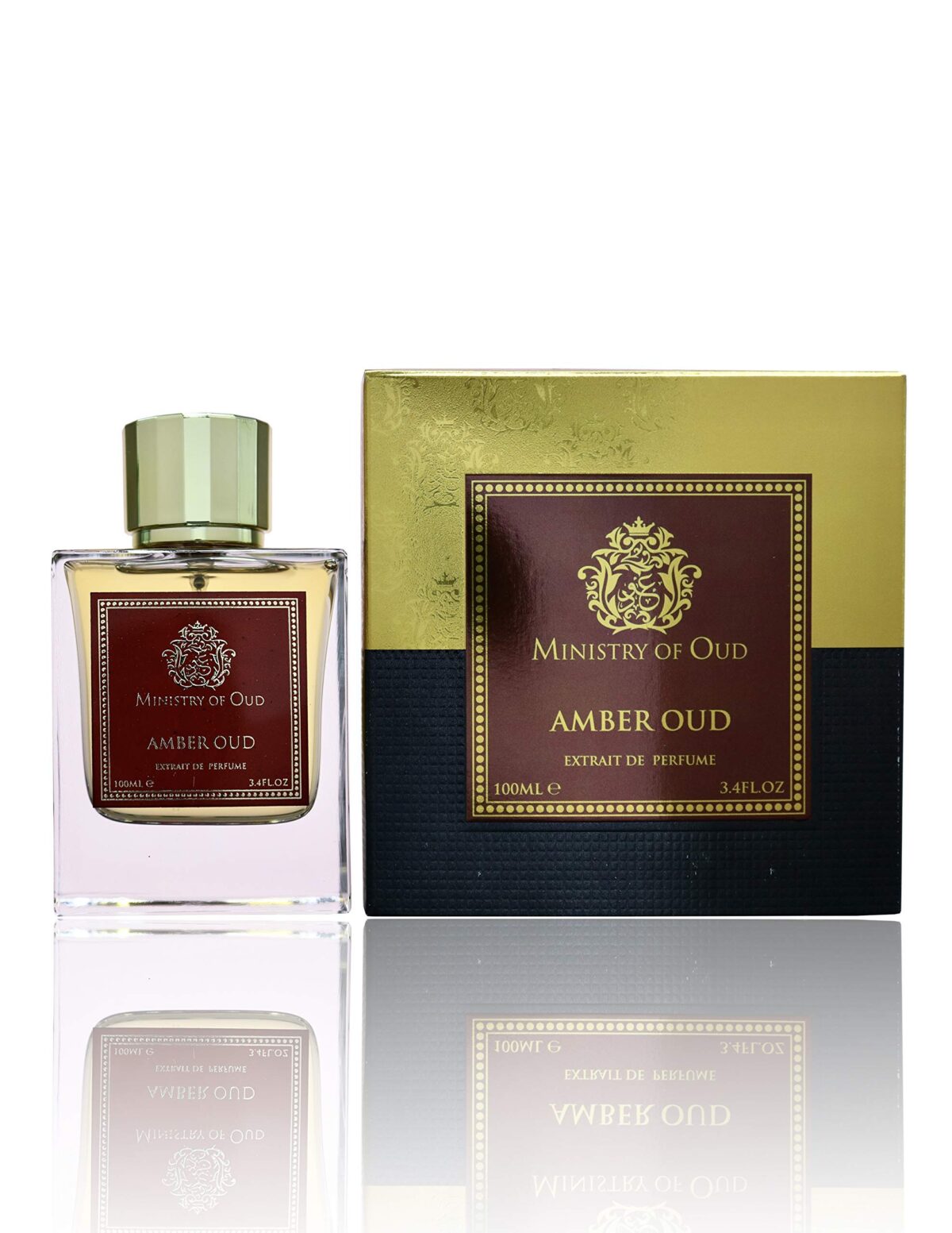 Amber Oud by Ministry of Oud luxury perfume bottle on Arabian-themed background