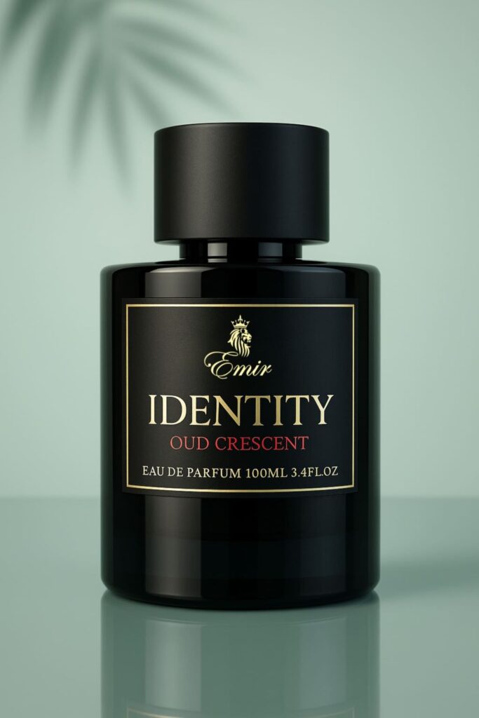 Identity Oud Crescent 100 ml perfume bottle against luxurious background