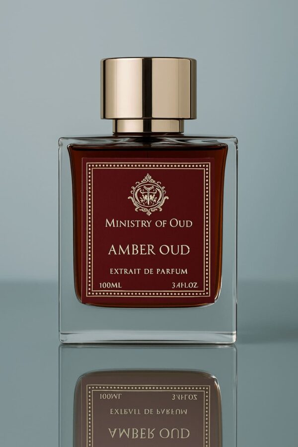 Amber Oud by Ministry of Oud luxury perfume bottle on Arabian-themed background