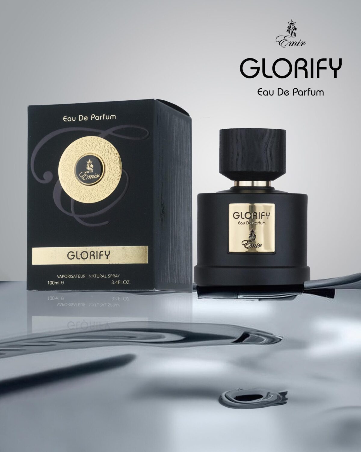 Glorify by Emir 100ml luxury unisex perfume bottle on golden background for Saudi Arabia