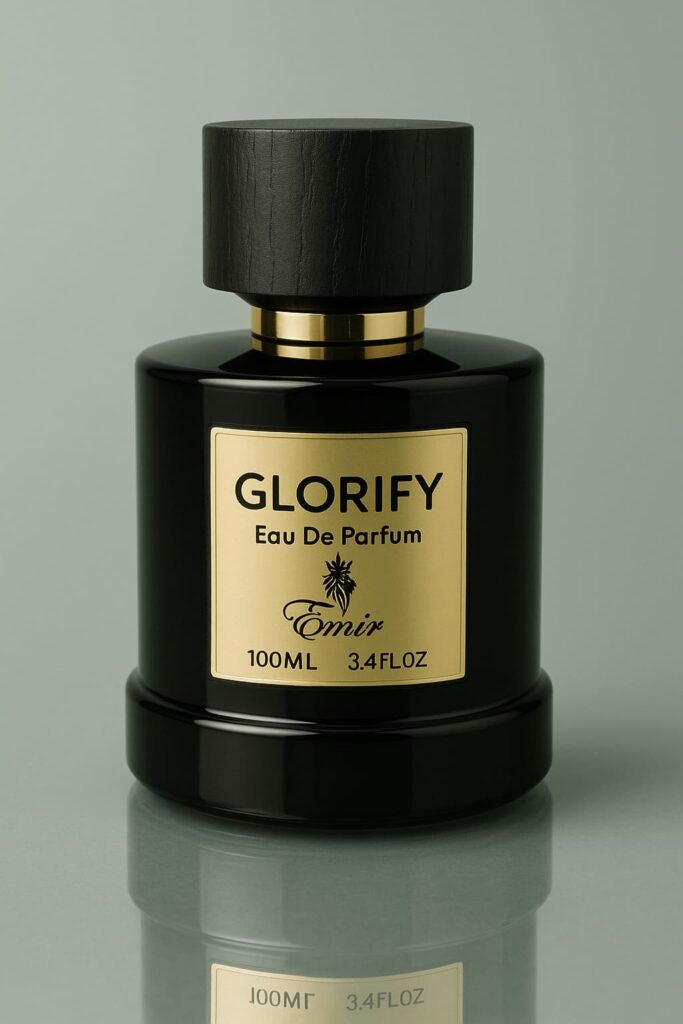 Glorify by Emir 100ml luxury unisex perfume bottle on golden background for Saudi Arabia