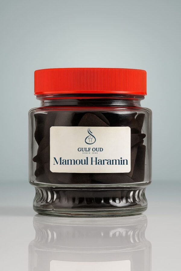 Mamoul Haramain pure black cone oud in 250g jar by Gulf Oud, luxurious Arabian incense