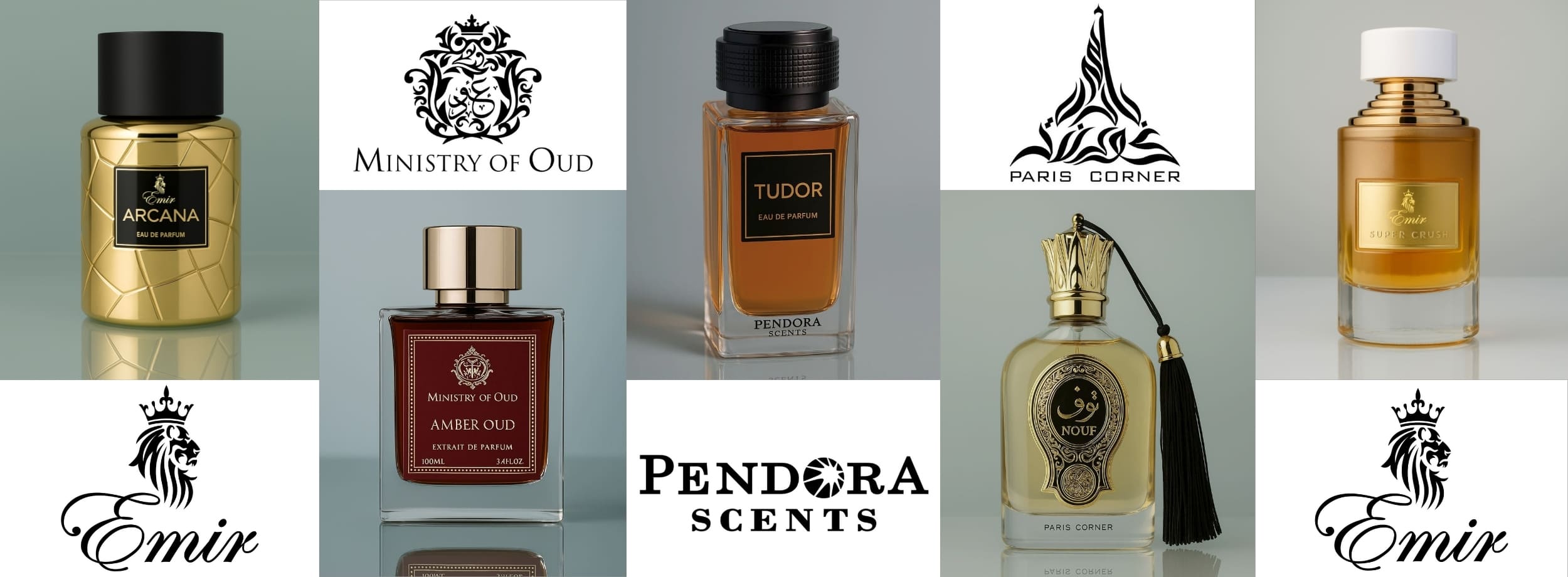 Main poster of perfumes brands, Emir, pendora scents, paris corner and ministry of oud.